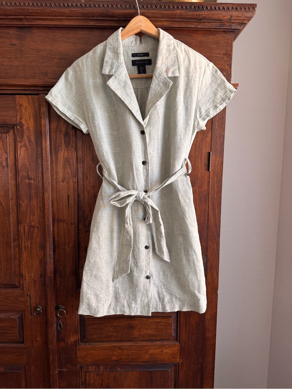 Tahari Linen Button Front Dress Light Green